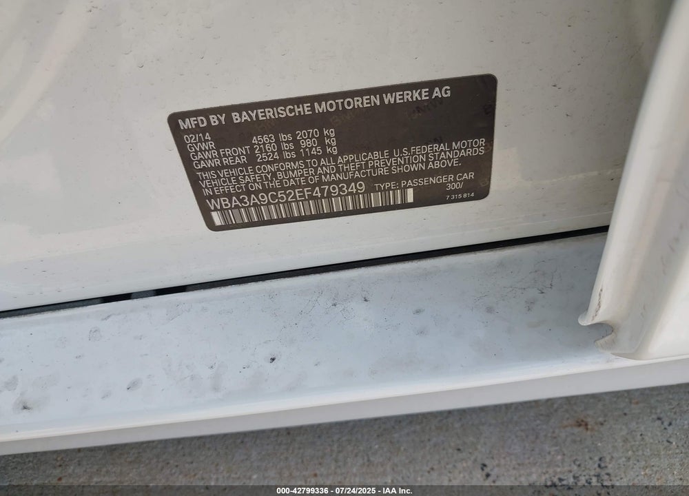 2014 BMW 3 SERIES VIN: WBA3A9C52EF479349