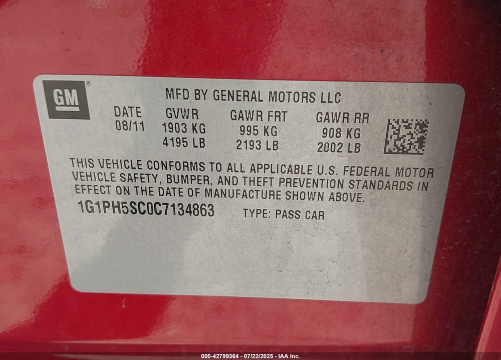 2012 CHEVROLET CRUZE VIN: 1G1PH5SC0C7134863