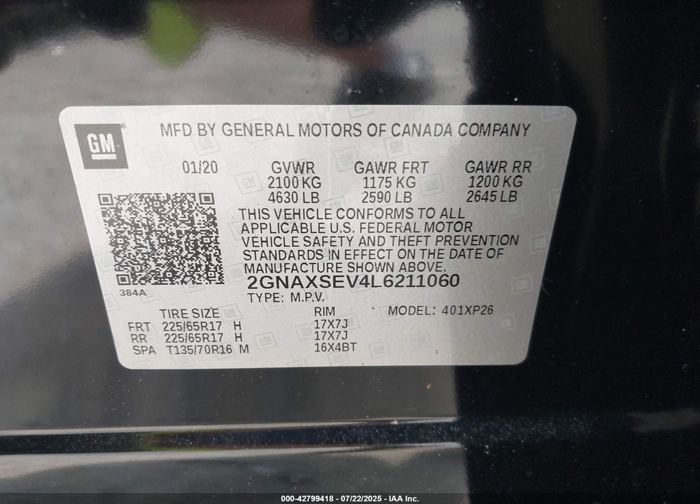 2020 CHEVROLET EQUINOX VIN: 2GNAXSEV4L6211060