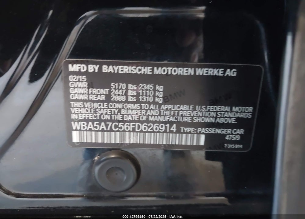 2015 BMW 5 SERIES VIN: WBA5A7C56FD626914
