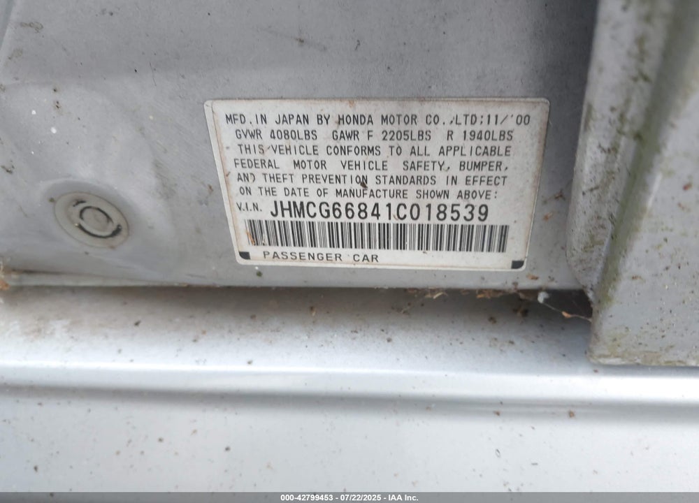 2001 HONDA ACCORD EX VIN: JHMCG66841CO18539