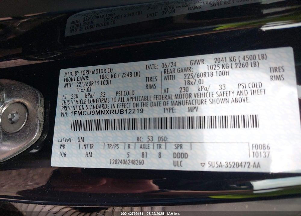 2024 FORD ESCAPE VIN: 1FMCU9MNXRUB12219