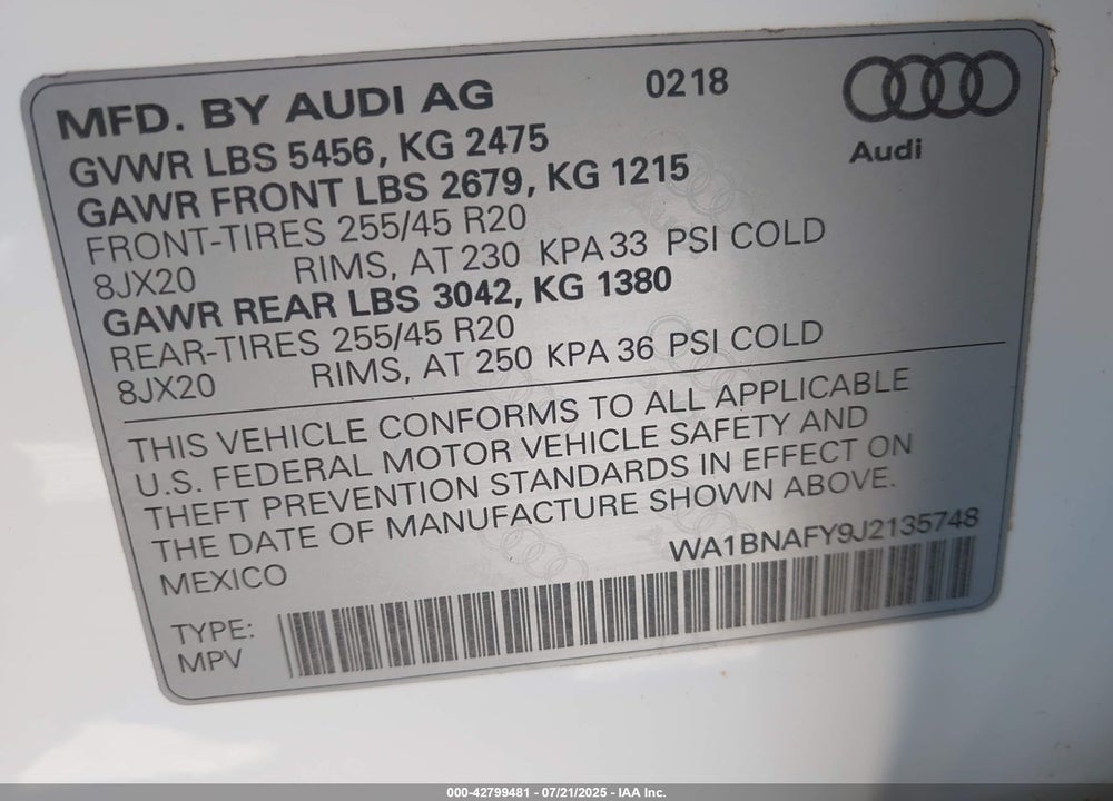 2018 AUDI Q5 VIN: WA1BNAFY9J2135748