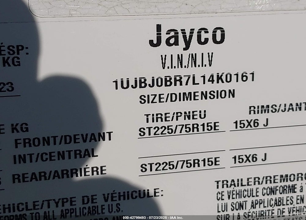2020 JAYCO OTHER VIN: 1UJBJ0BR7L14K0161