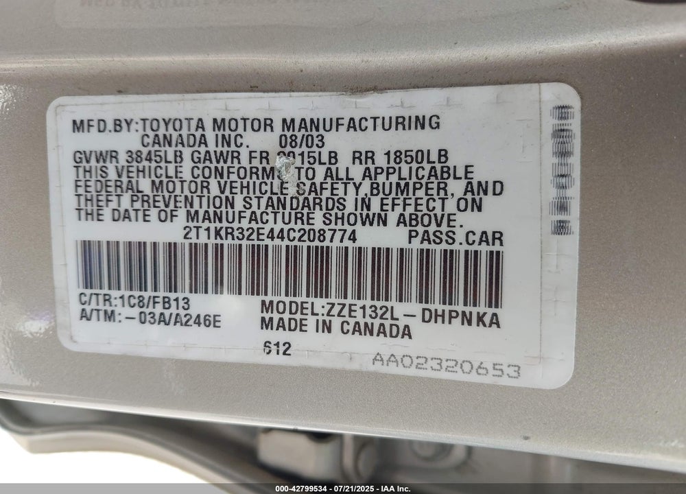 2004 TOYOTA MATRIX/XR VIN: 2T1KR32E44C208774
