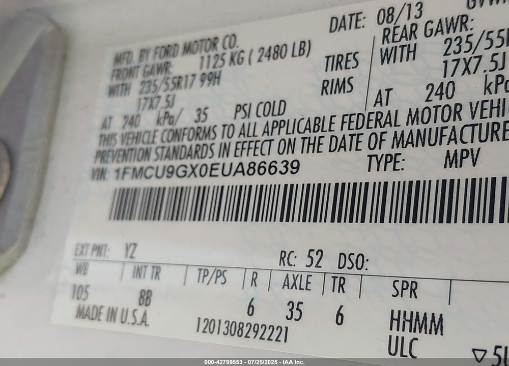 2014 FORD ESCAPE VIN: 1FMCU9GX0EUA86639