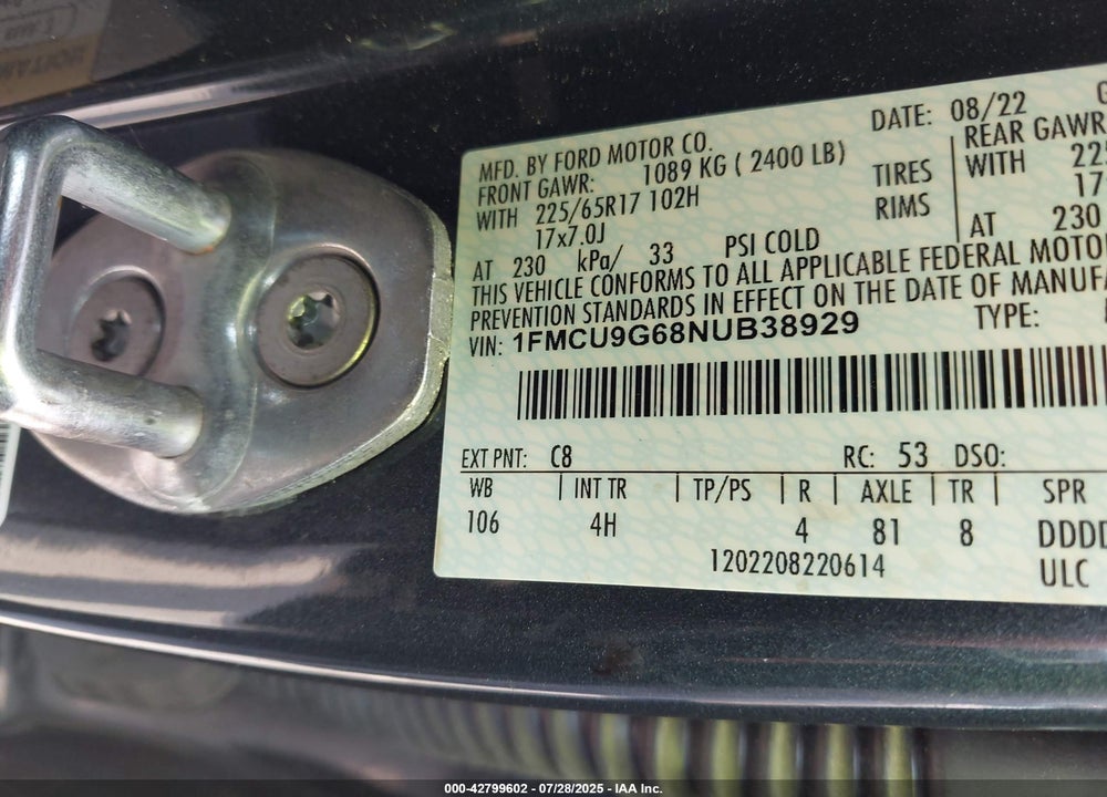 2022 FORD ESCAPE VIN: 1FMCU9G68NUB38929