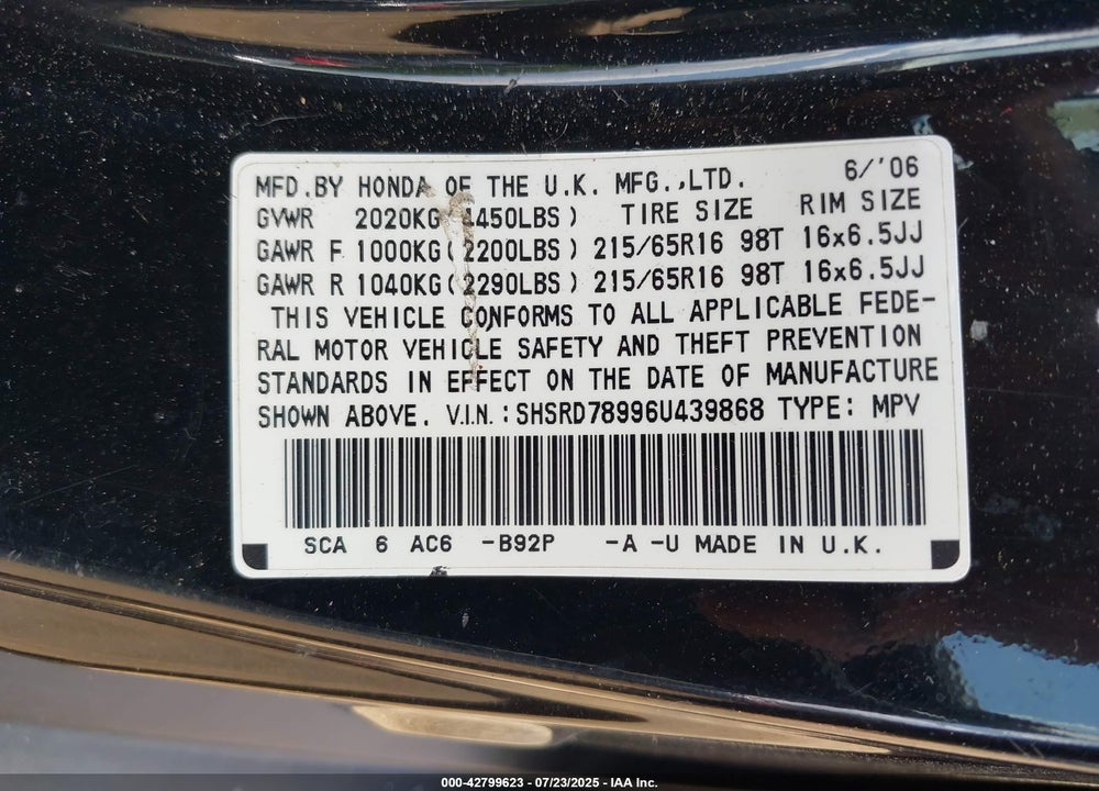 2006 HONDA CR-V VIN: SHSRD78996U439868