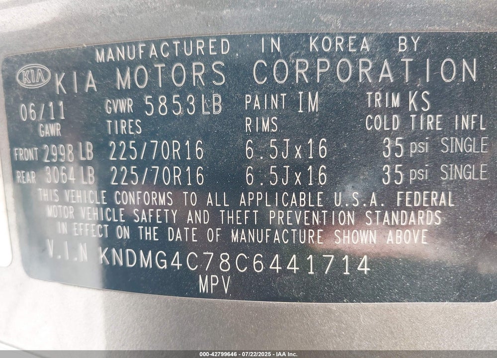 2012 KIA SEDONA LX VIN: KNDMG4C78C6441714