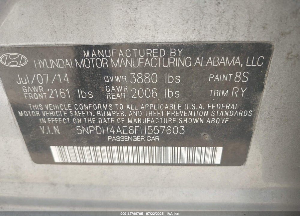 2015 HYUNDAI ELANTRA VIN: 5NPDH4AE8FH557603
