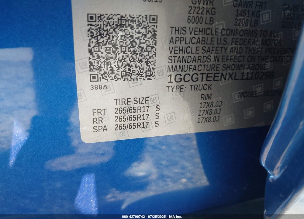 2020 CHEVROLET COLORADO VIN: 1GCGTEENXL1110298