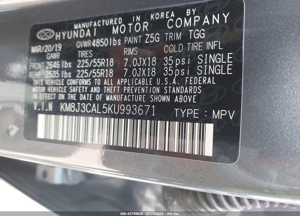 2019 HYUNDAI TUCSON VIN: KM8J3CAL5KU993671