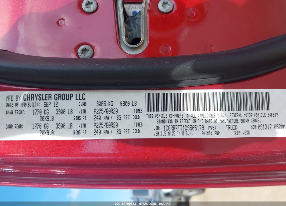 2013 RAM 1500 VIN: 1C6RR7FT1DS505179