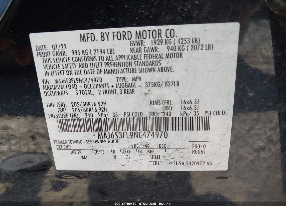 2022 FORD ECOSPORT VIN: MAJ6S3FL9NC474970