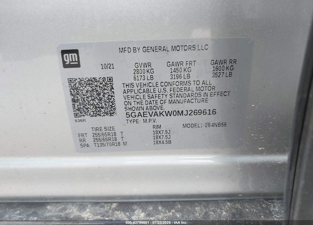 2021 BUICK ENCLAVE VIN: 5GAEVAKW0MJ269616