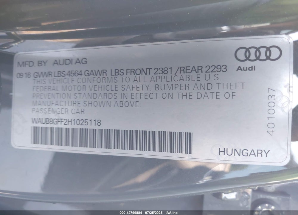 2017 AUDI A3 VIN: WAUB8GFF2H1025118