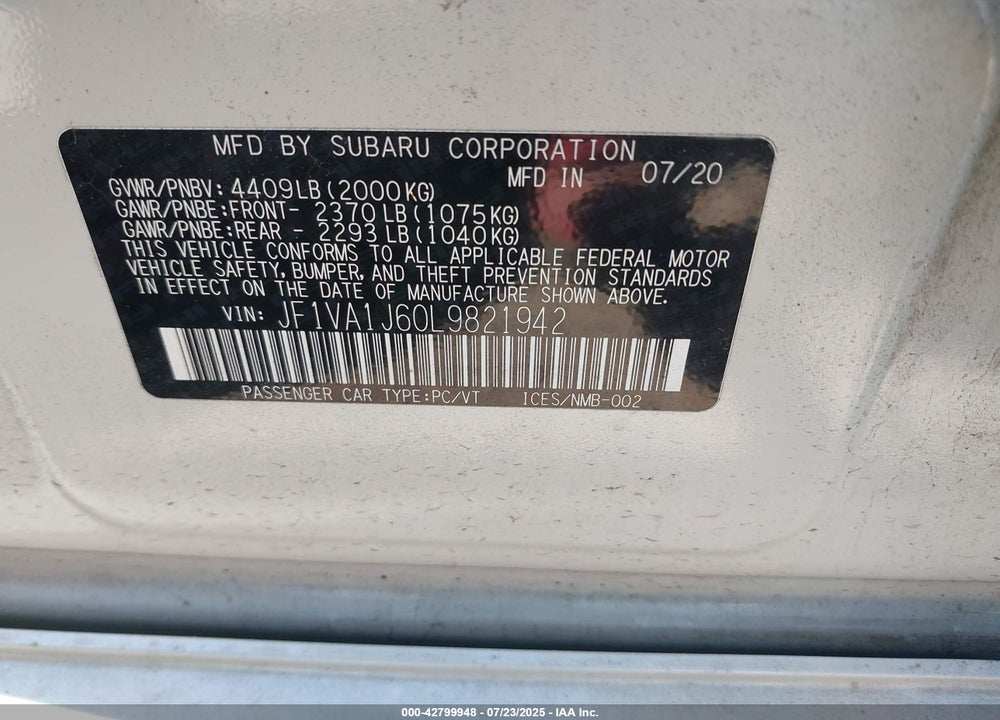 2020 SUBARU WRX VIN: JF1VA1J60L9821942