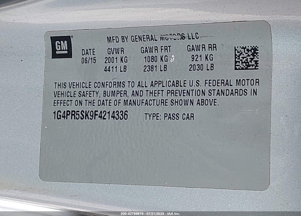 2015 BUICK VERANO VIN: 1G4PR5SK9F4214336