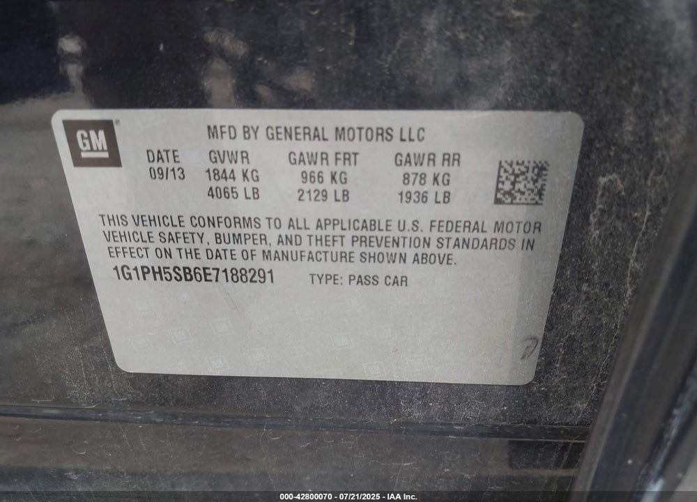 2014 CHEVROLET CRUZE VIN: 1G1PH5SB6E7188291