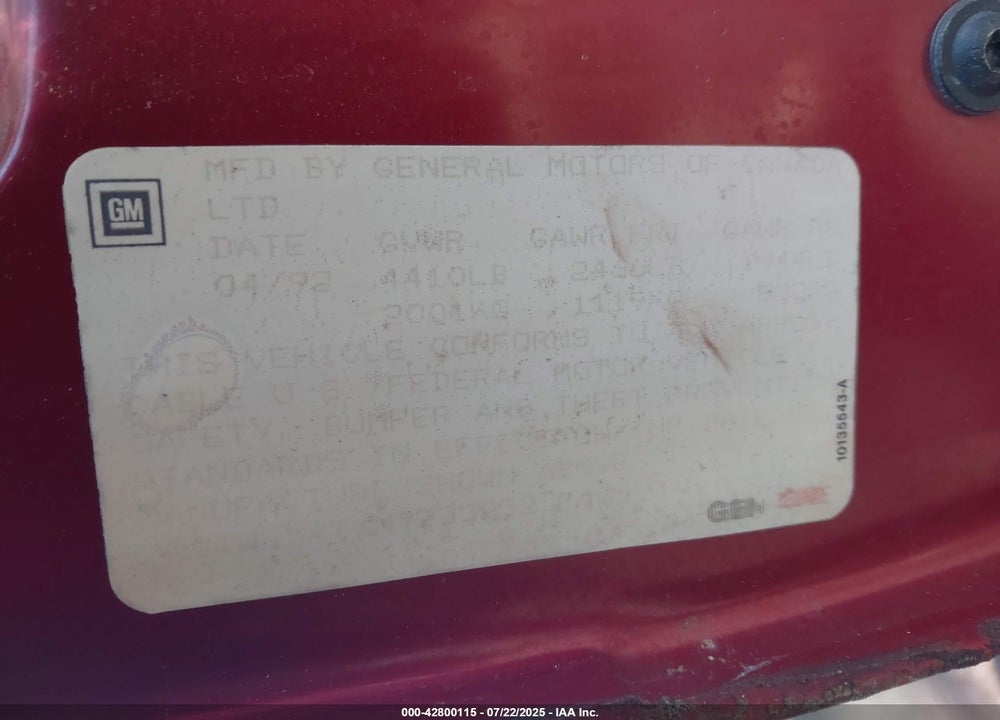 1992 CHEVROLET LUMINA VIN: 2G1WL54TXN9233232