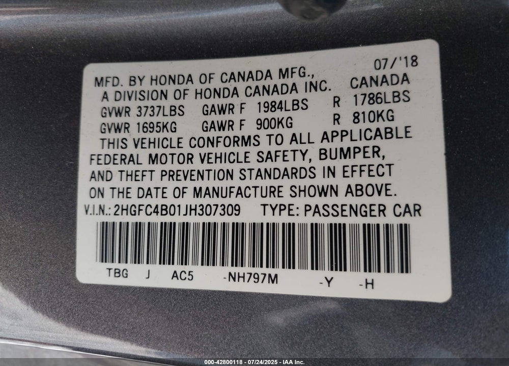 2018 HONDA CIVIC LX-P VIN: 2HGFC4B01JH307309