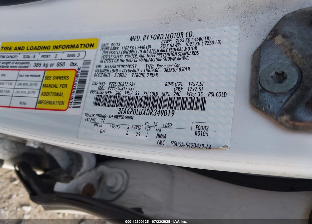 2013 FORD FUSION HYBRID VIN: 3FA6P0LUXDR349019