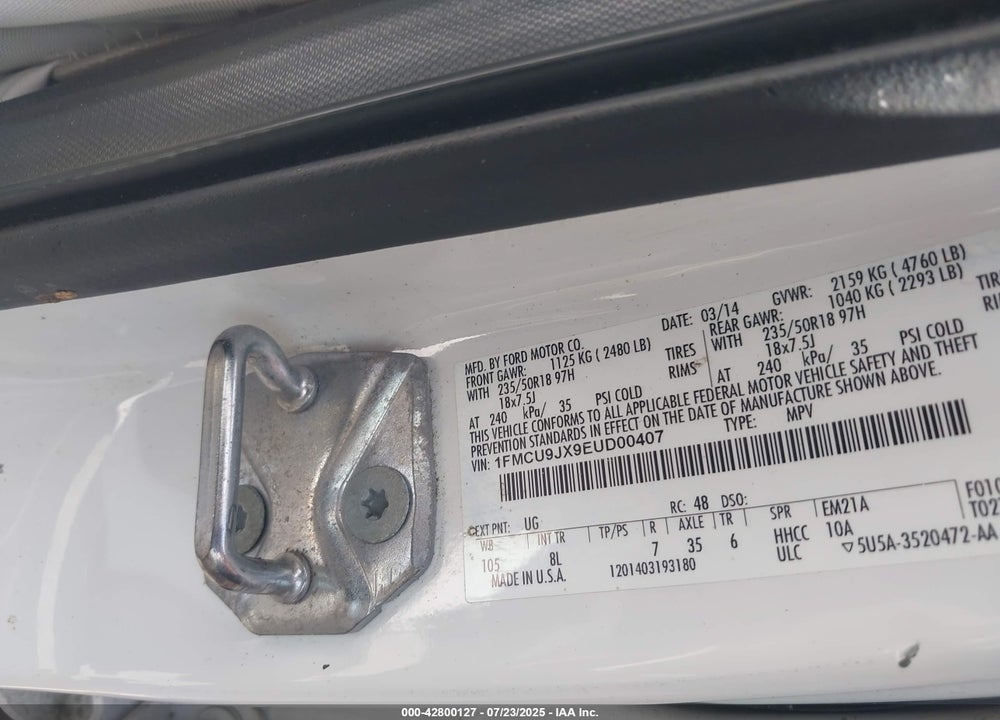 2014 FORD ESCAPE VIN: 1FMCU9JX9EUD00407