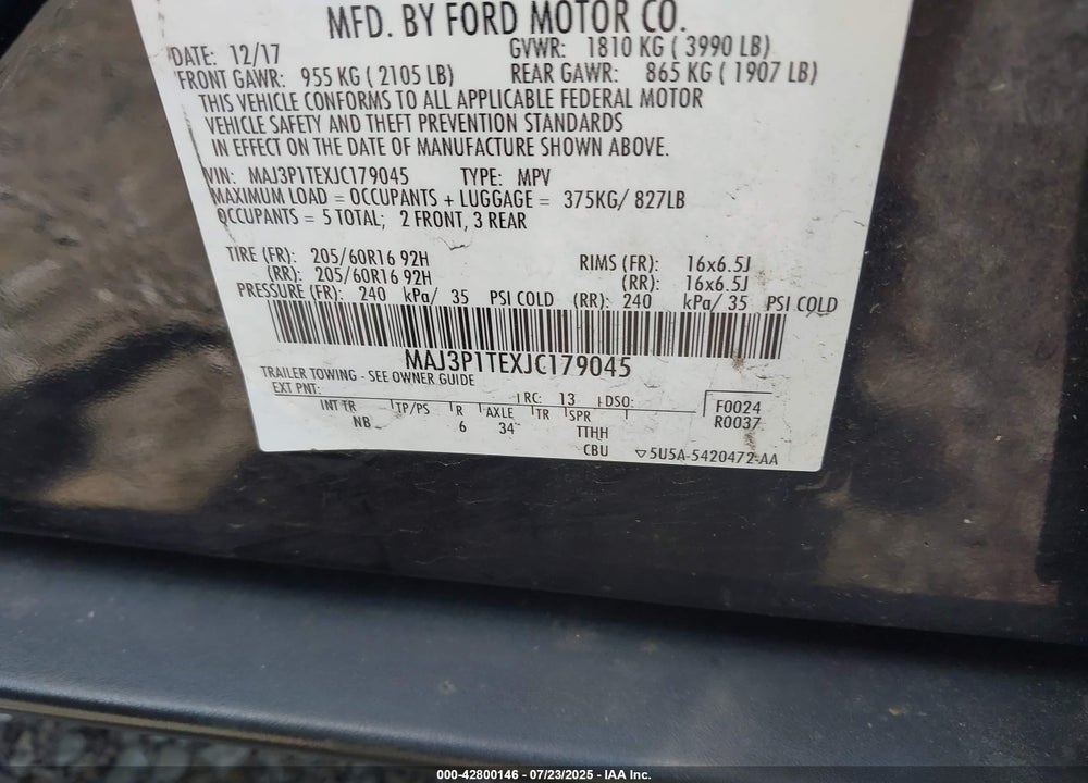 2018 FORD ECOSPORT VIN: MAJ3P1TEXJC179045