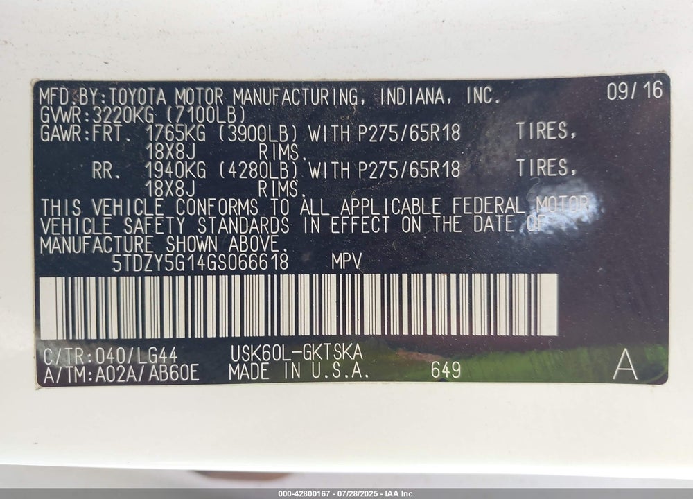 2016 TOYOTA SEQUOIA VIN: 5TDZY5G14GS066618