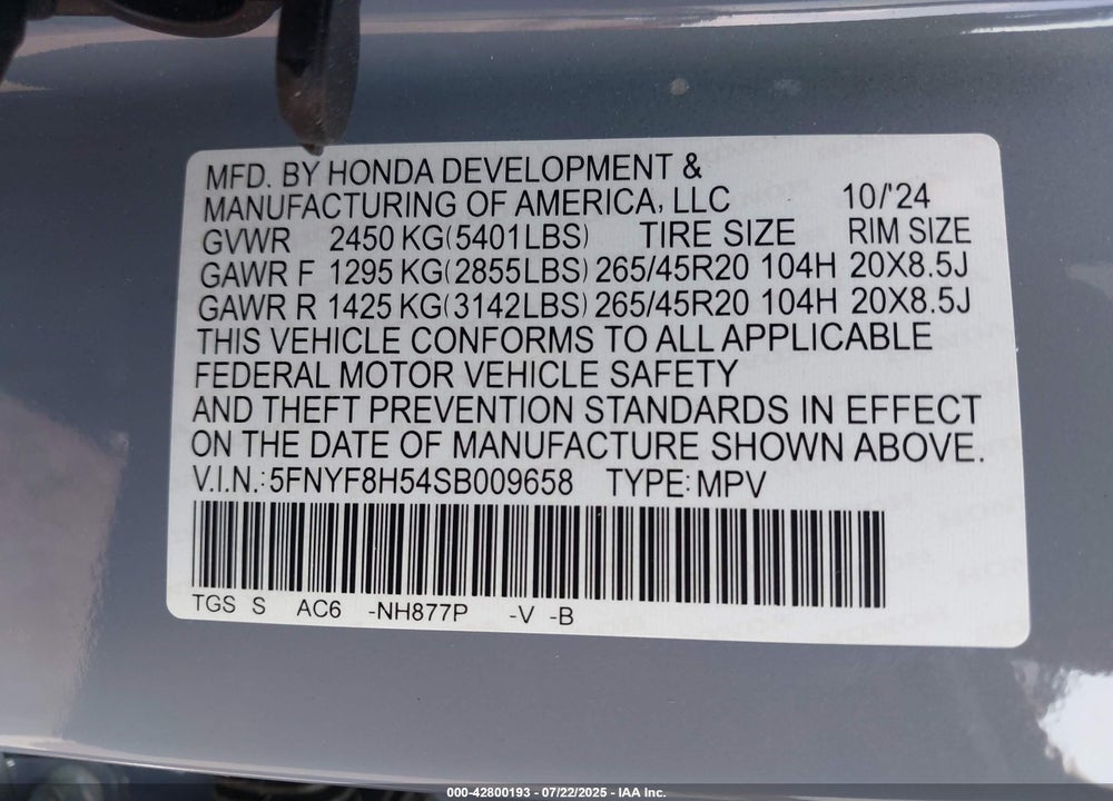 2025 HONDA PASSPORT AWD EX-L VIN: 5FNYF8H54SB009658