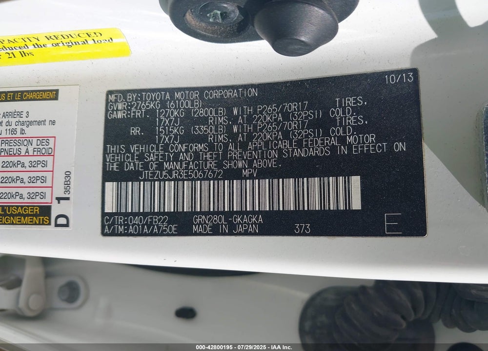 2014 TOYOTA 4RUNNER VIN: JTEZU5JR3E5067672