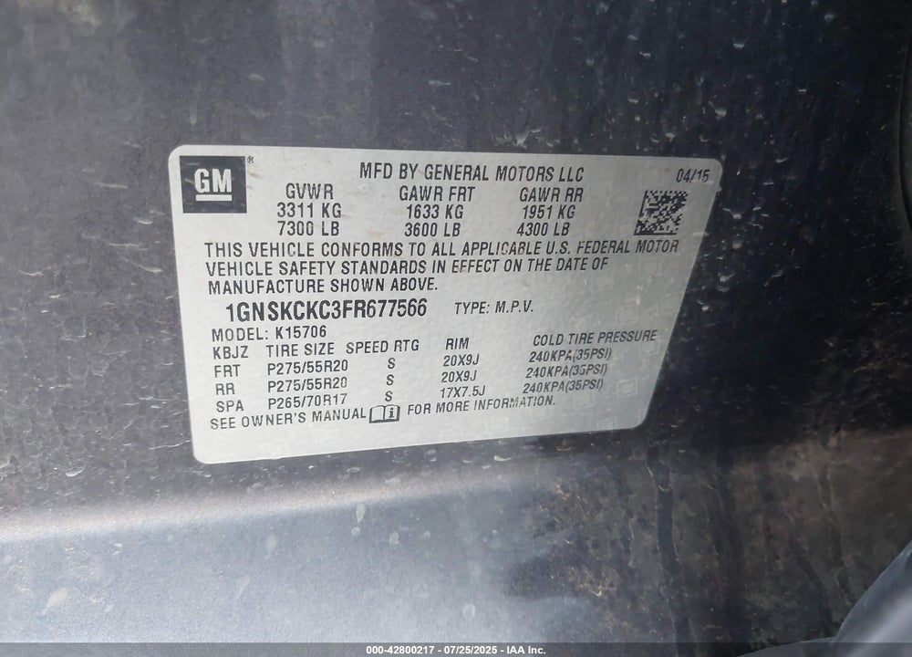 2015 CHEVROLET TAHOE VIN: 1GNSKCKC3FR677566