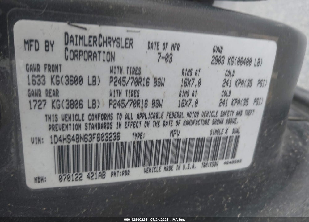 2003 DODGE DURANGO SLT VIN: 1D4HS48N63F603236