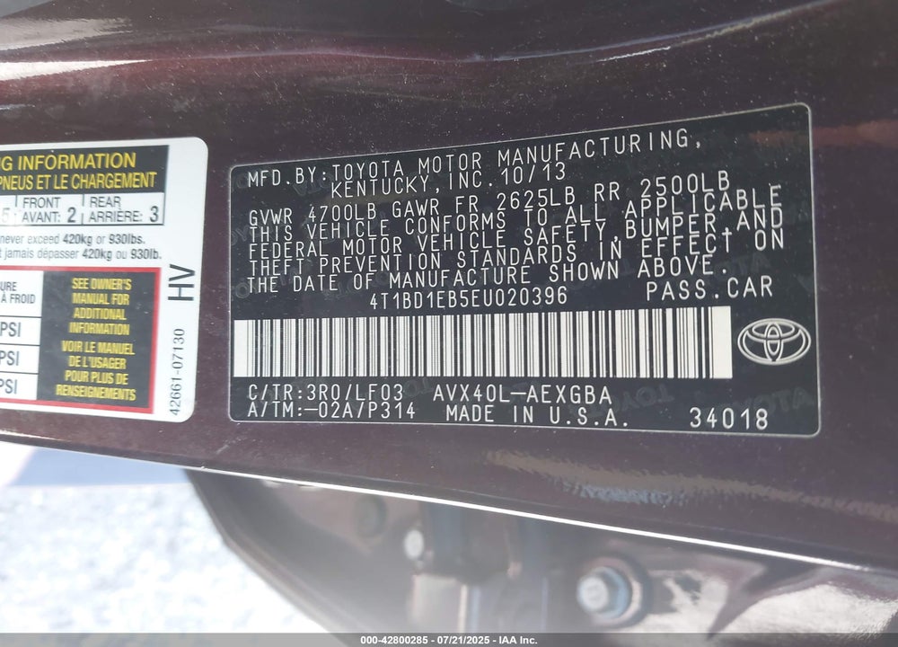 2014 TOYOTA AVALON HYBRID VIN: 4T1BD1EB5EU020396
