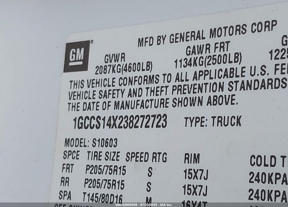 2003 CHEVROLET S-10 LS VIN: 1GCCS14X238272723