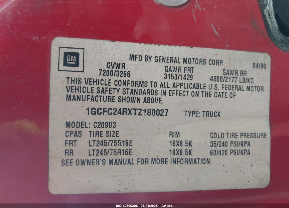1996 CHEVROLET GMT-400 C2500 VIN: 1GCFC24RXTZ180027