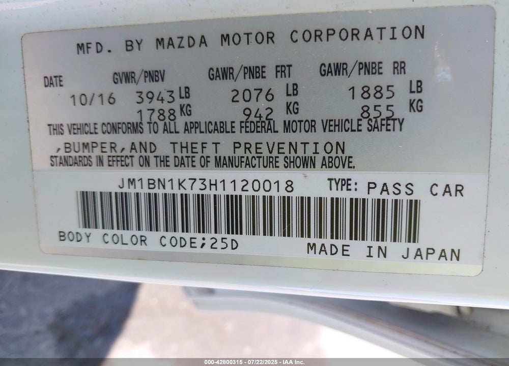 2017 MAZDA 3 VIN: JM1BN1K73H1120018