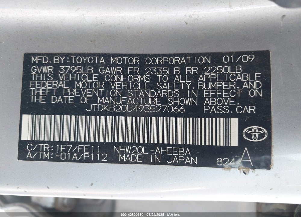 2009 TOYOTA PRIUS VIN: JTDKB20U493527066