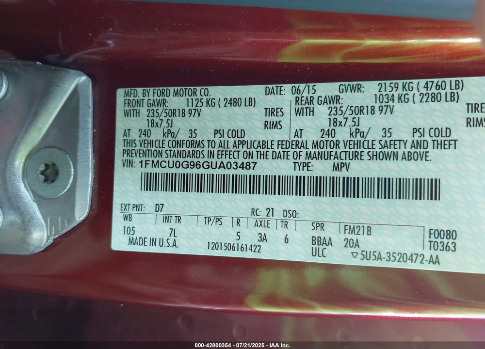 2016 FORD ESCAPE VIN: 1FMCU0G96GUA03487