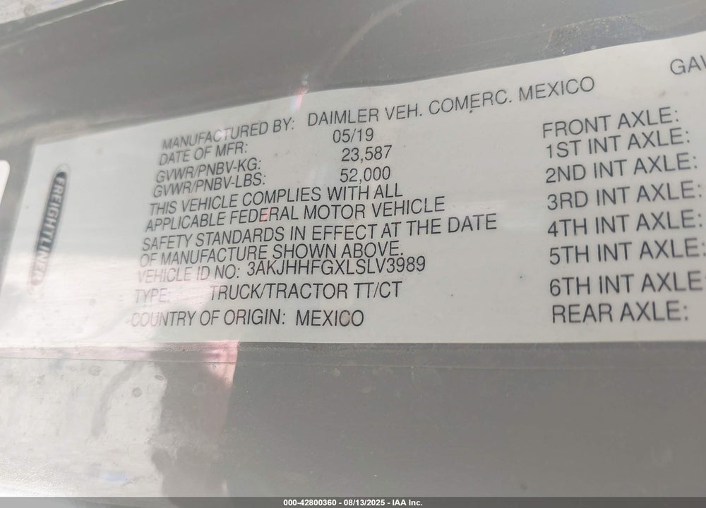 2020 FREIGHTLINER NEW CASCADIA 126 VIN: 3AKJHHFGXLSLV3989