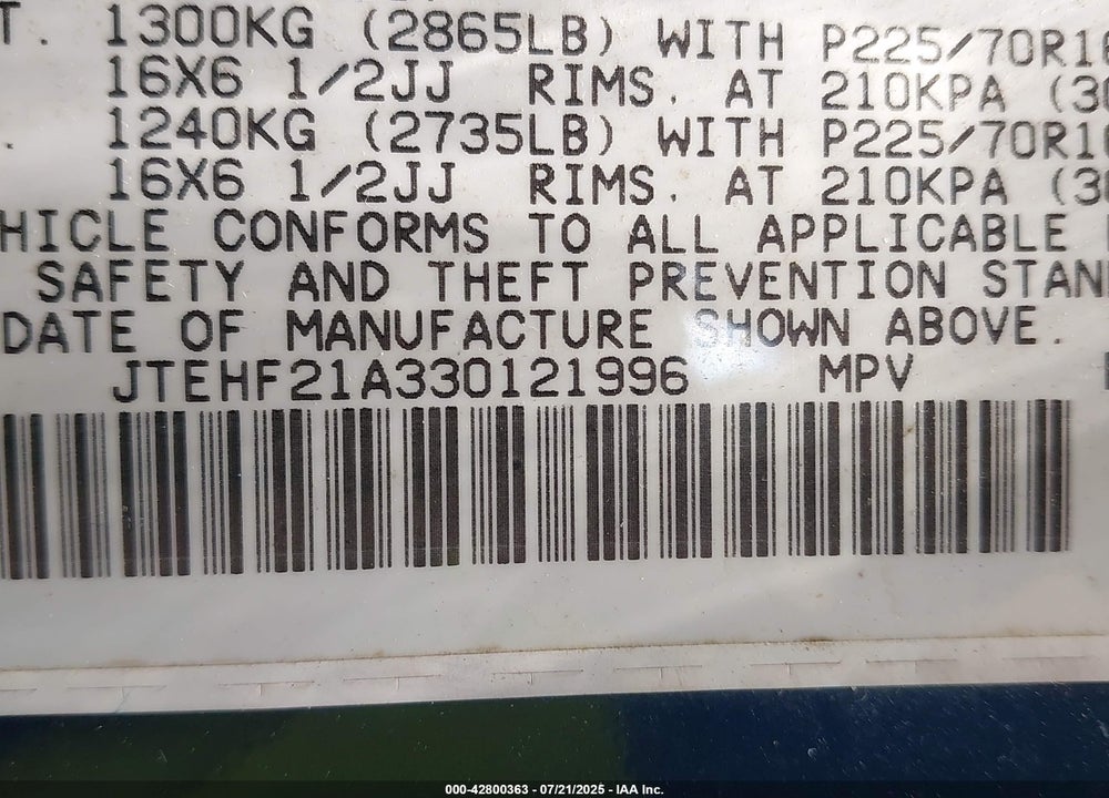 2003 TOYOTA HIGHLANDER V6 VIN: JTEHF21A330121996