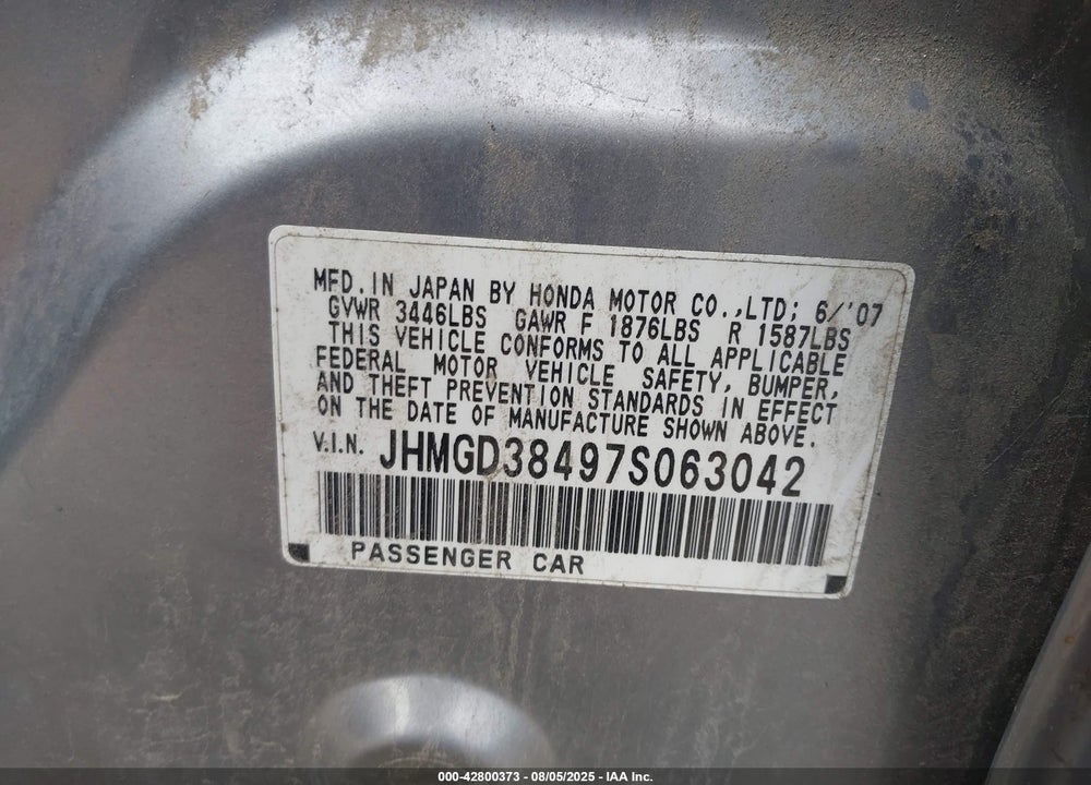2007 HONDA FIT VIN: JHMGD38497S063042