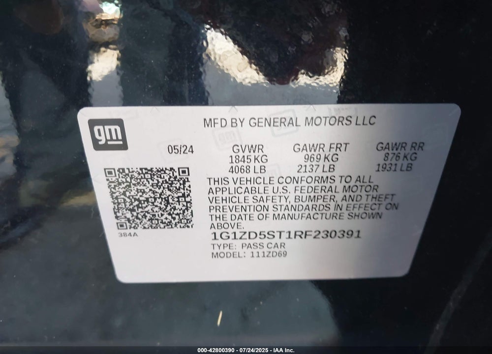 2024 CHEVROLET MALIBU FWD 1LT VIN: 1G1ZD5ST1RF230391