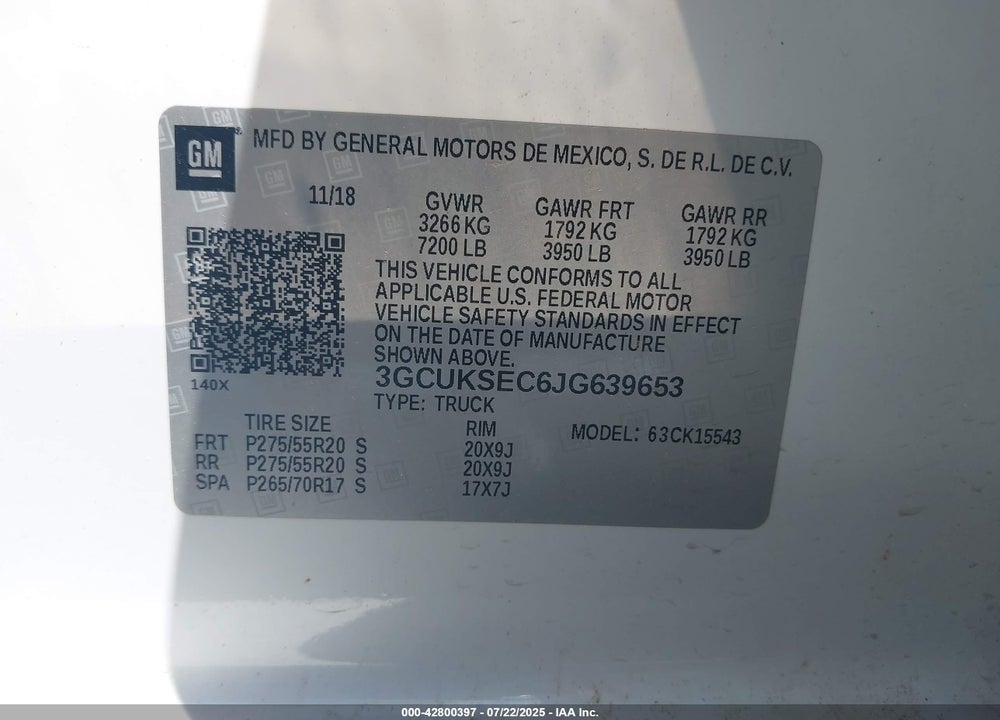 2018 CHEVROLET SILVERADO VIN: 3GCUKSEC6JG639653