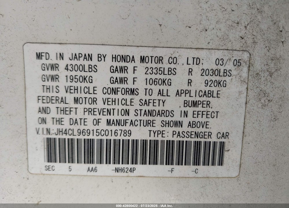 2005 ACURA TSX VIN: JH4CL96915C016789