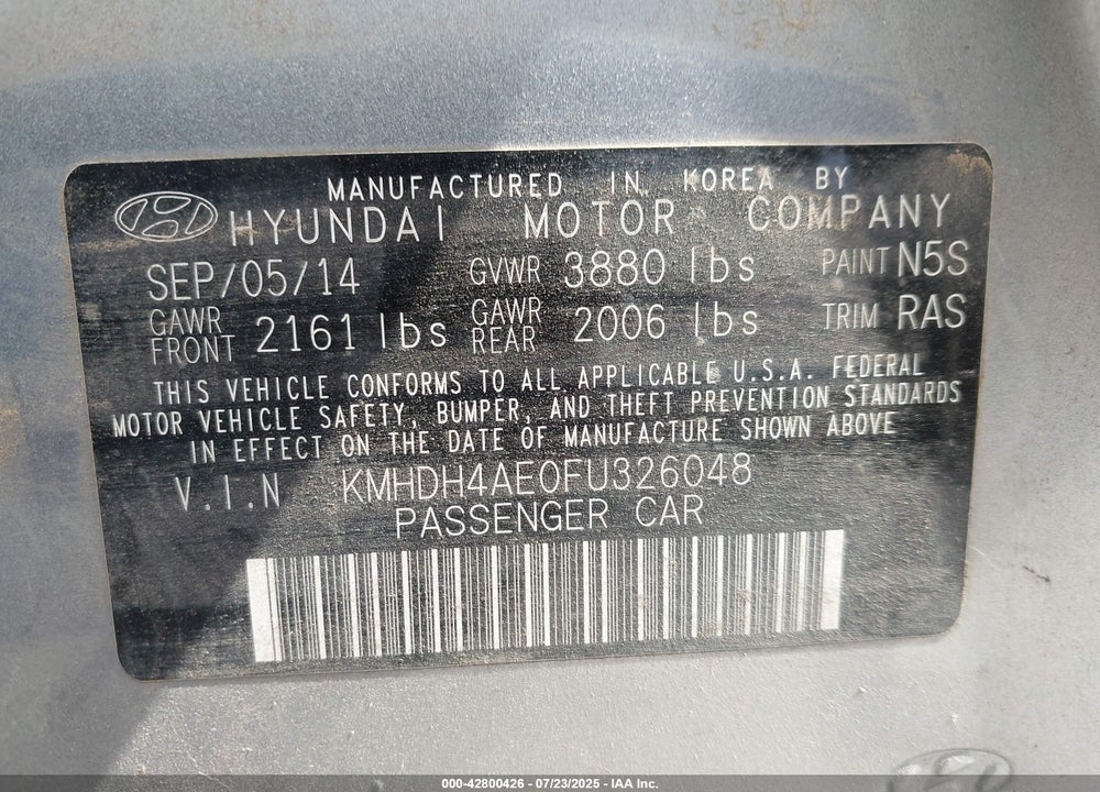 2015 HYUNDAI ELANTRA VIN: KMHDH4AE0FU326048