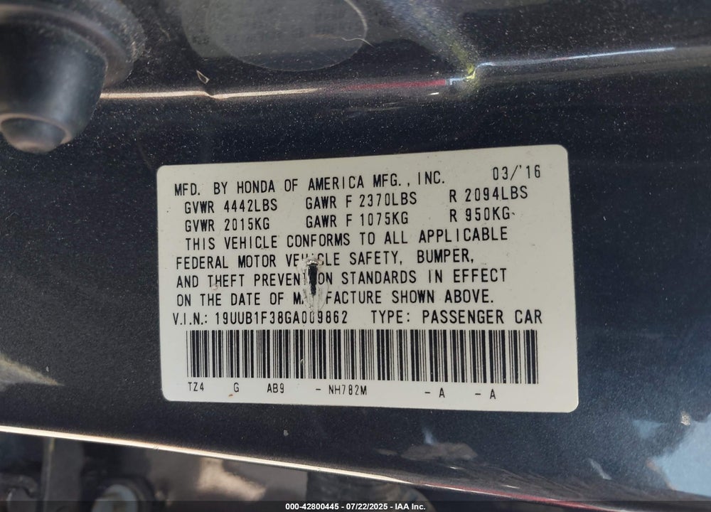 2016 ACURA TLX VIN: 19UUB1F38GA009862