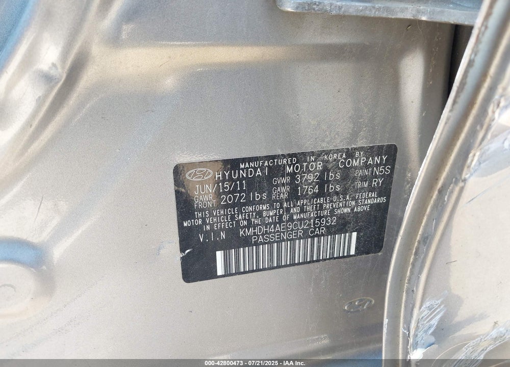 2012 HYUNDAI ELANTRA LIMITED (ULSAN PLANT) VIN: KMHDH4AE9CU215932