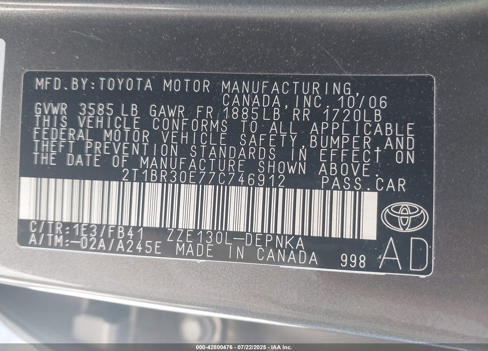 2007 TOYOTA COROLLA VIN: 2T1BR30E77C746912