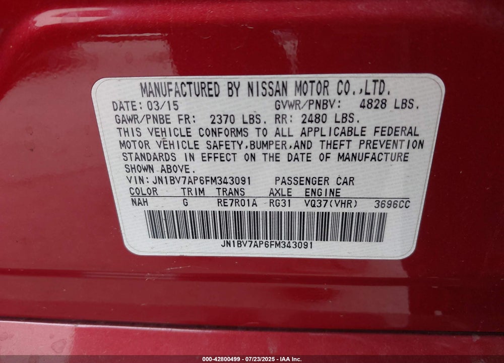 2015 INFINITI Q50 VIN: JN1BV7AP6FM343091